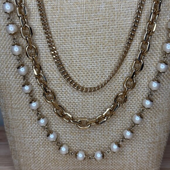 Ann Taylor Long Layered Gold-Tone Necklace With Faux Pearl Accents - Picture 8 of 15